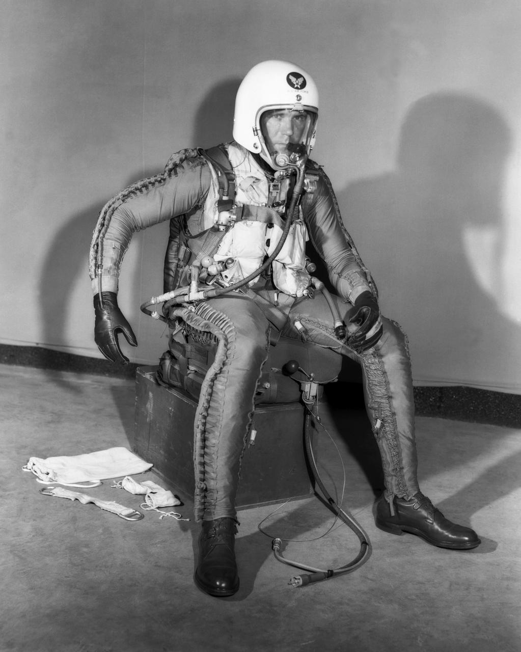 Robert Champine in X-Series Pressure Suit. Photograph published in Engineer in Charge: A History of the Langley Aeronautical Laboratory, 1917-1958 by James R. Hansen. Page 305.