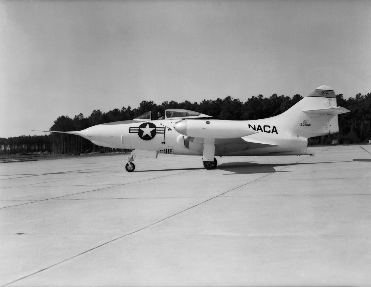 Grumman F9F-2 Panther: Originally built as a F9F-3, this Grumman F9F-2 Panther has a Pratt and Whitney J42 turbojet power plant, hence the designation change. This Panther underwent handling quality tests, serving long enough at Langley to witness the change from the NACA to NASA.