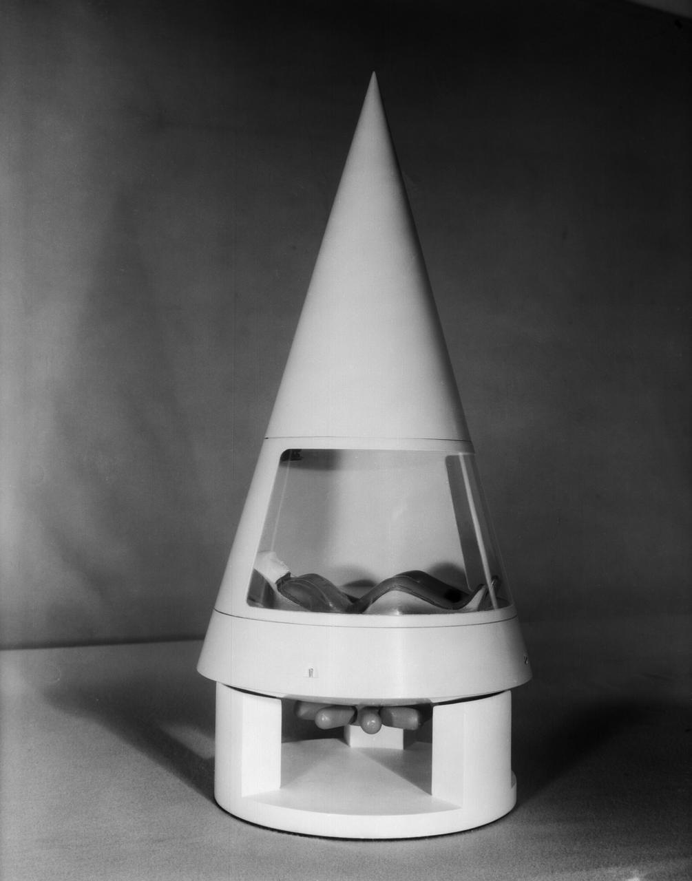 Scale model of Mercury capsule shape A, indicating the position of the astronaut.