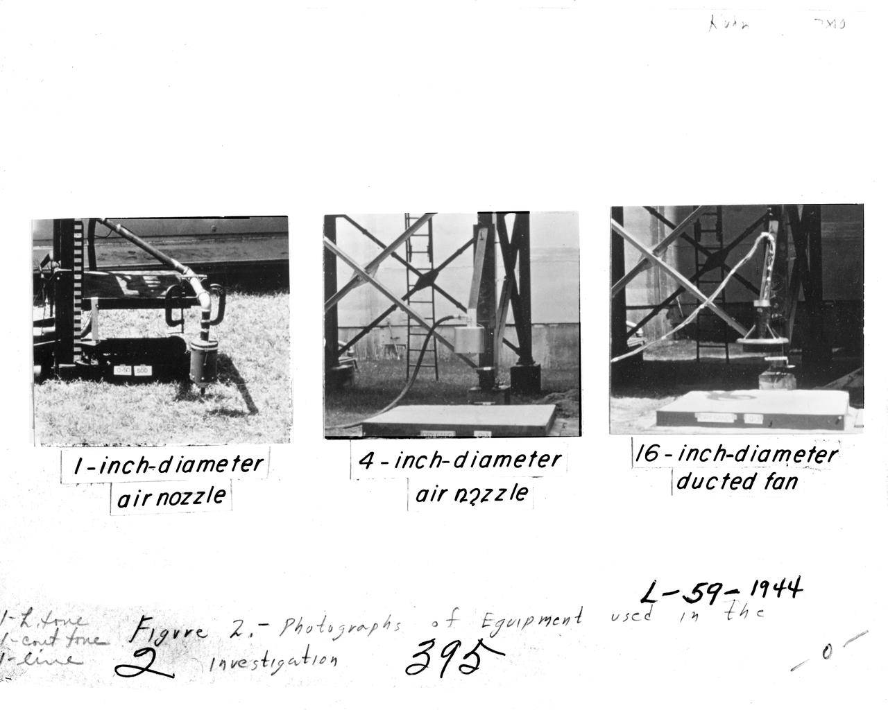 Image for NASA Document NASA-TN-D-56. Equipment Used In Investigation. Document Title:  An investigation to determine conditions under which downwash from VTOL aircraft will start surface erosion from various types of terrain  Figure 2. Equipment Used In Investigation 