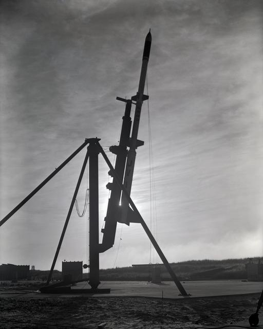 NASA image: First AFSWC Javelin Sounding Rocket On Launcher at Wallops Island. 