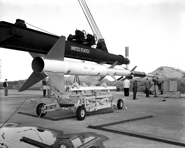 NASA image: First University of Michigan Strongarm sounding rocket on launcher at Wallops for test, November 10, 1959E5-188 Shop and Launcher Pictures