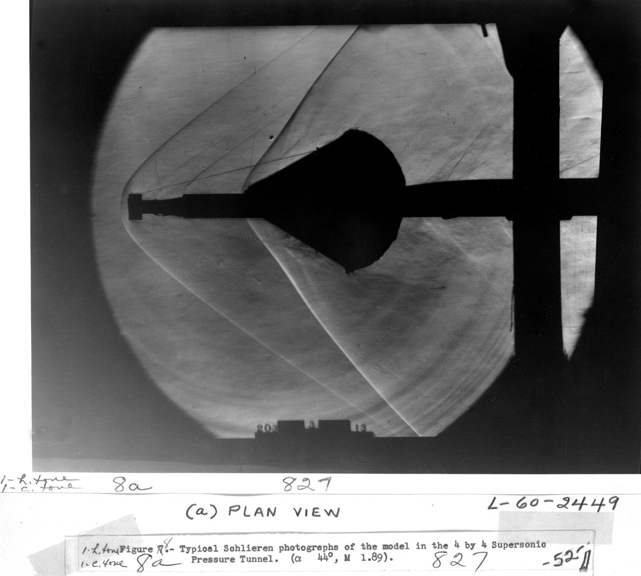 Schlieren photographs of the model in 4 x 4 Foot supersonic pressure tunnel