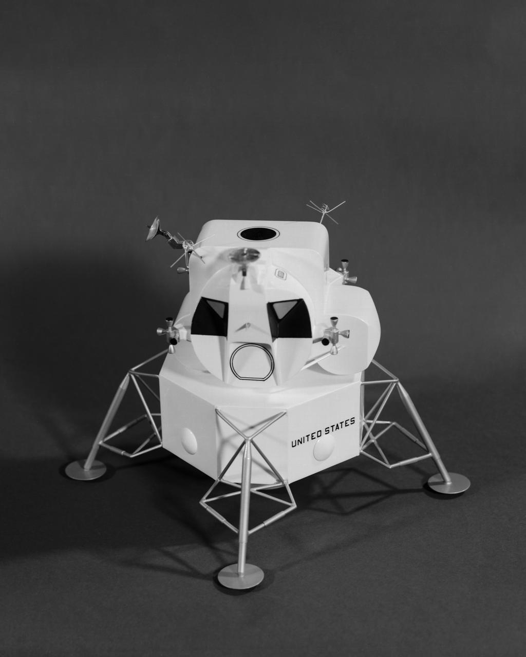 The lunar module design underwent gradual evolution from the first configuration proposed by Grumman in 1962. This model is the 1964 version. Langley had the task of building a simulator for the astronauts to practice lunar landings. The configuration of the initial vehicle used with the Lunar Landing Research Facility (LLRF) was changed in 1967 to more accurately reflect the standing position of the astronauts, cockpit arrangement, instrumentation, controls and field of view.