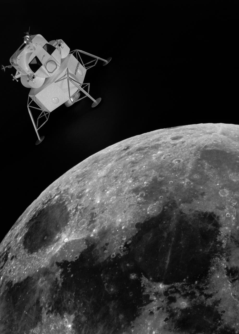 Artist rendering of the lunar excursion module approaching the moon. The lunar module design underwent gradual evolution from the first configuration proposed by Grumman in 1962. This model is a 1964 rendering. Langley had the task of building a simulator for the astronauts to practice lunar landings. The configuration of the initial vehicle used with the Lunar Landing Research Facility (LLRF) was changed in 1967 to more accurately reflect the standing position of the astronauts, cockpit arrangement, instrumentation, controls and field of view.