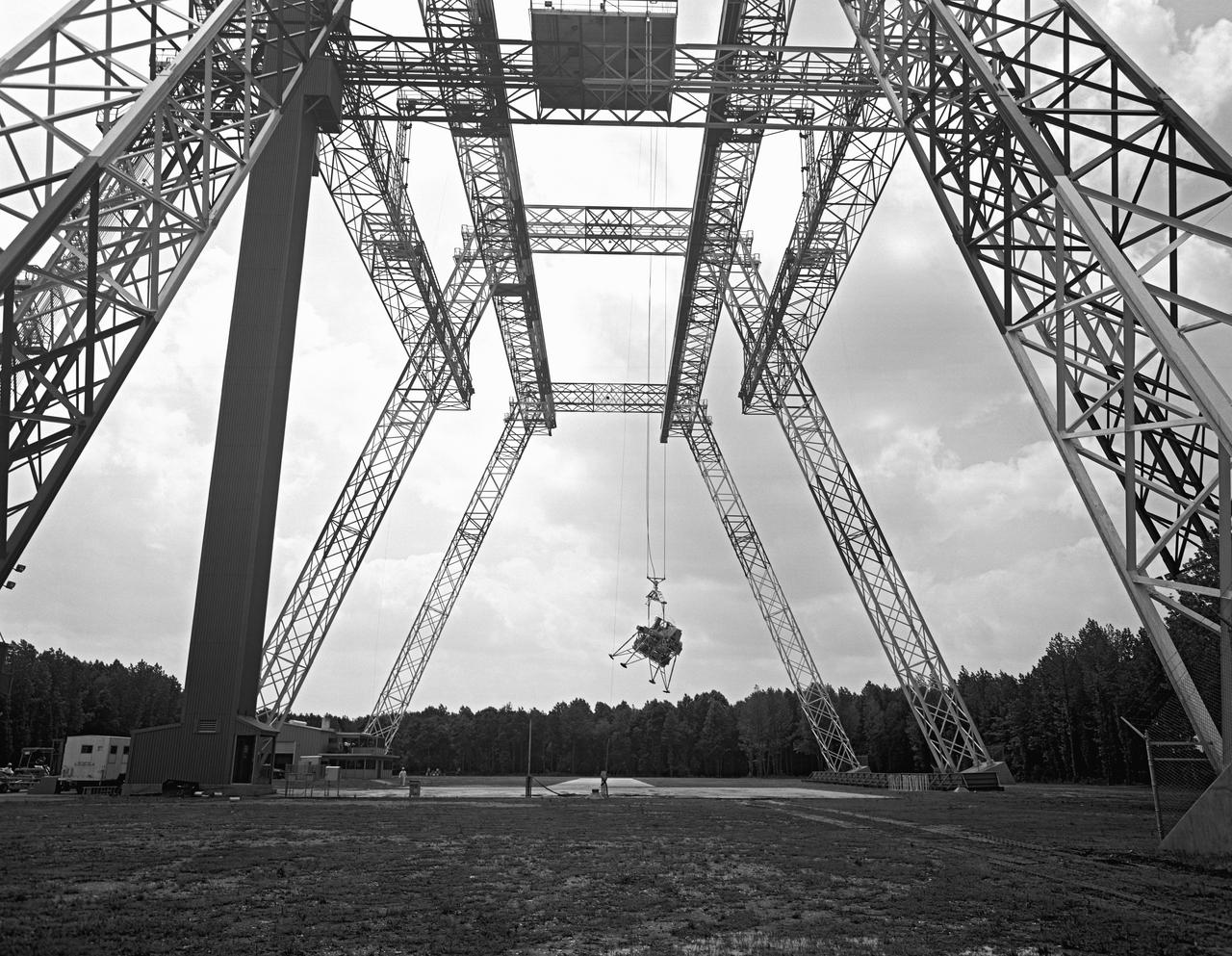 Lunar Landing Testing at NASA Langley. Lunar Landing Testing at NASA Langley. A simulated environment that contributed in a significant way to the success of  Apollo project was the Lunar Landing Research Facility, an imposing 250 foot high, 400 foot long gantry structure that became operational in 1965.  Published in the book "Space Flight Revolution"  NASA SP-4308 pg. 376
