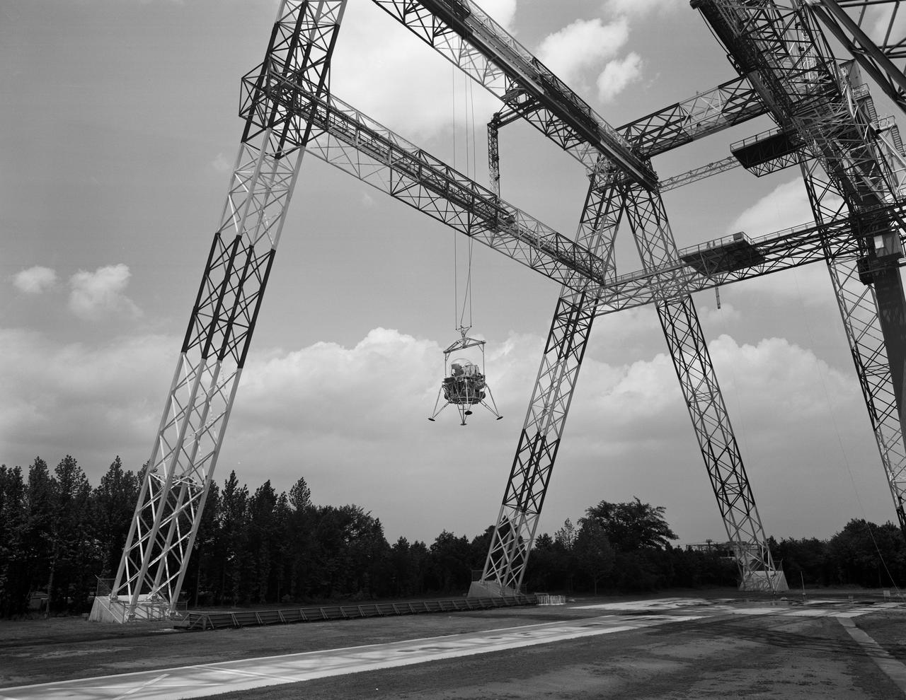 Lunar Landing Testing at NASA Langley. Lunar Landing Testing at NASA Langley. A simulated environment that contributed in a significant way to the success of  Apollo project was the Lunar Landing Research Facility, an imposing 250 foot high, 400 foot long gantry structure that became operational in 1965.  Published in the book "Space Flight Revolution"  NASA SP-4308 pg. 376