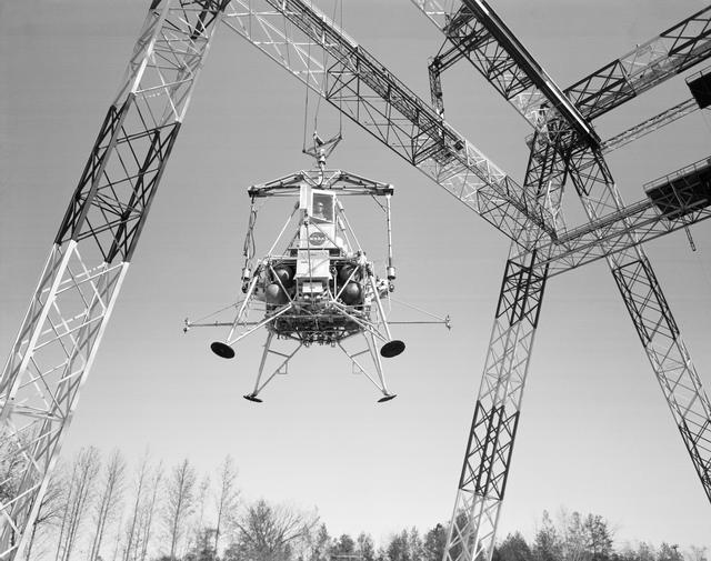 NASA image: Apollo Lunar Landing Research FacilityLunar landing test of LEM at LLRF Lunar Landing Research Facility: A NASA Langley research pilot  flies  a lunar lander in a test conducted in the Lunar Landing Research Facility.Lunar landing test of LEM at LLRF Lunar Landing Research Facility: A NASA Langley research pilot  flies  a lunar lander in a test conducted in the Lunar Landing Research Facility.