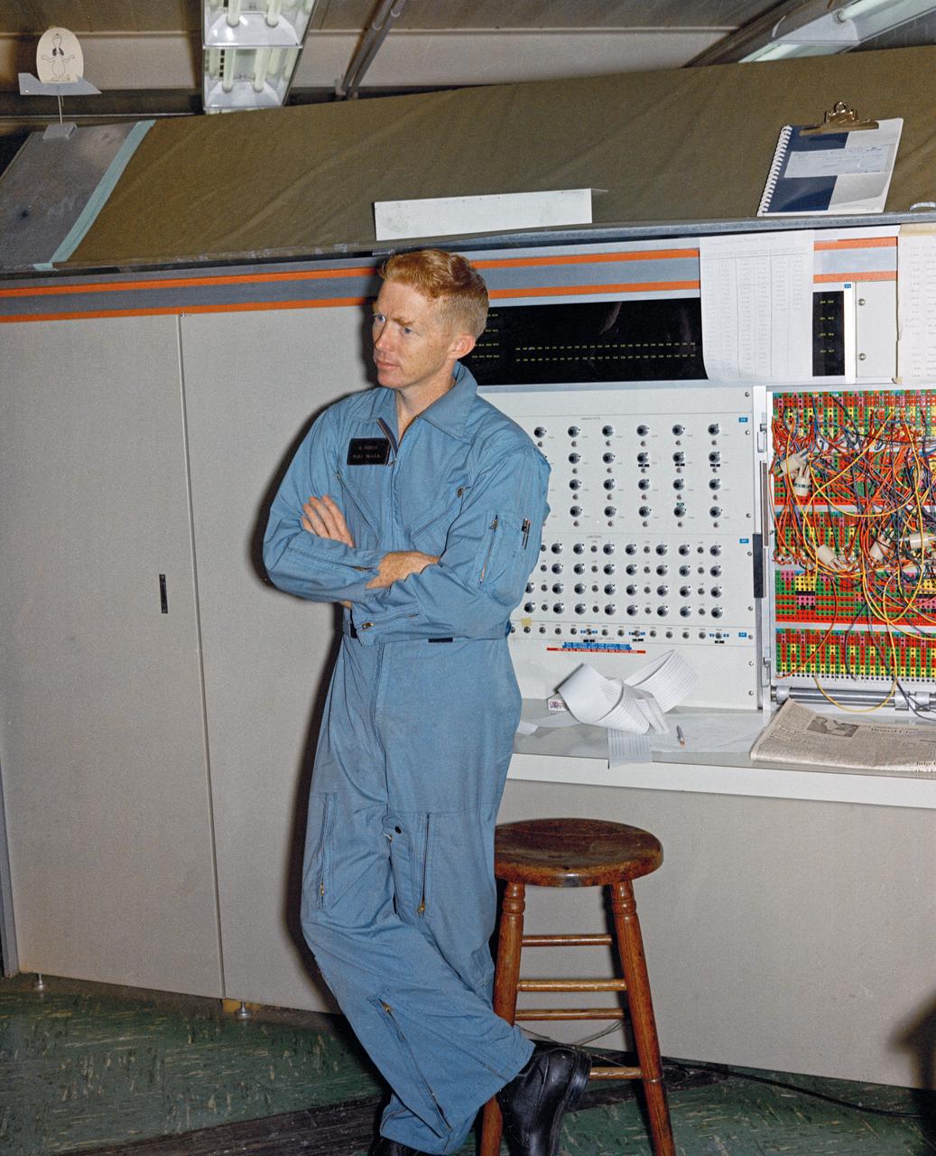 Astronauts Stuart A. Roosa, and Alfred M. Worden training a tRendezvous Docking Simulator NASA Langley. Worden was one of the 19 astronauts selected by NASA in April 1966. He served as a member of the astronaut support crew for the Apollo 9 flight and as backup command module pilot for the Apollo 12 flight. Colonel Roosa was one of the 19 astronauts selected by NASA in April 1966. He was a member of the astronaut support crew for the Apollo 9 flight.