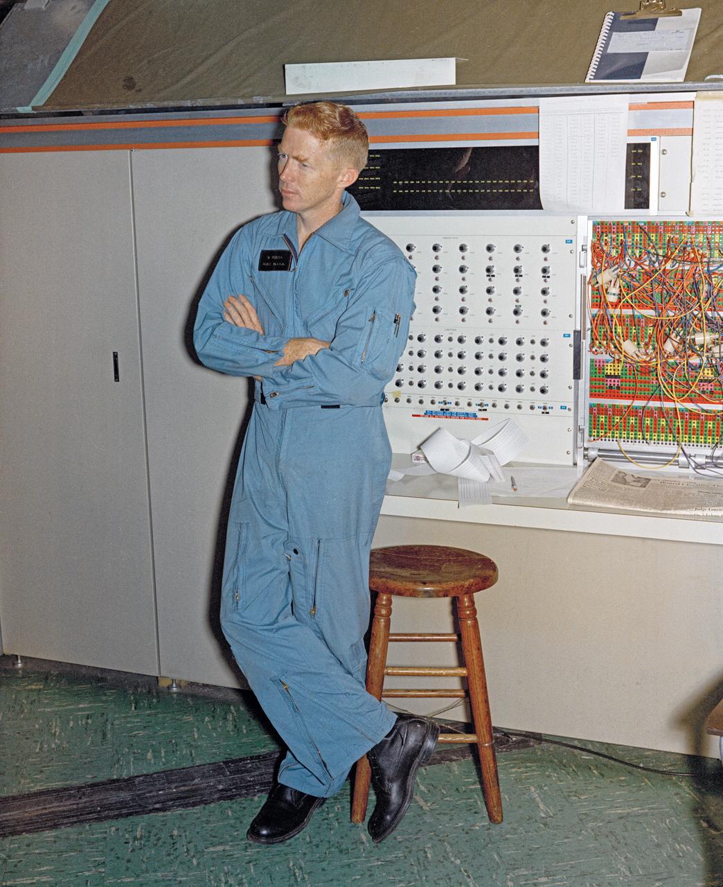 Astronauts Stuart A. Roosa, and Alfred M. Worden training a tRendezvous Docking Simulator NASA Langley.  Worden was one of the 19 astronauts selected by NASA in April 1966. He served as a member of the astronaut support crew for the Apollo 9 flight and as backup command module pilot for the Apollo 12 flight. Colonel Roosa was one of the 19 astronauts selected by NASA in April 1966. He was a member of the astronaut support crew for the Apollo 9 flight.