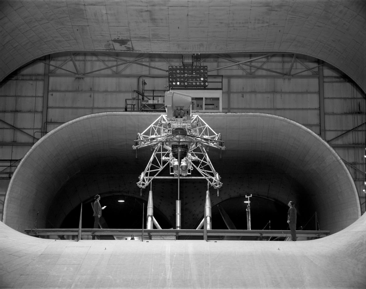 Concept model of the Lunar Excursion Module tested in the Full-Scale wind tunnel. -- Published in James R. Hansen, Spaceflight Revolution: NASA Langley Research Center From Sputnik to Apollo, (Washington: NASA, 1995), p. 356.-L69-670 Bell Lunar Landing Training Vehicle (LLTV): Following the crash of a sister Lunar Landing Training Vehicle at Ellington Field in Houston, Texas, the LLTV NASA 952 was sent from Houston to Langley for tests in the 30 x 60 Full Scale Tunnel. The LLTV was returned to Houston for further training use a short time later. NASA 952 is now on exhibit at the Johnson Space Center in Houston, Texas.
