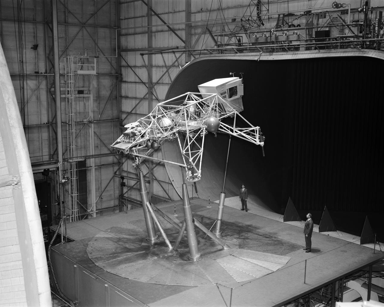 Concept model of the Lunar Excursion Module tested in the Full-Scale wind tunnel. -- Published in James R. Hansen, Spaceflight Revolution: NASA Langley Research Center From Sputnik to Apollo, (Washington: NASA, 1995), p. 356.-L69-670 Bell Lunar Landing Training Vehicle (LLTV): Following the crash of a sister Lunar Landing Training Vehicle at Ellington Field in Houston, Texas, the LLTV NASA 952 was sent from Houston to Langley for tests in the 30 x 60 Full Scale Tunnel. The LLTV was returned to Houston for further training use a short time later. NASA 952 is now on exhibit at the Johnson Space Center in Houston, Texas.