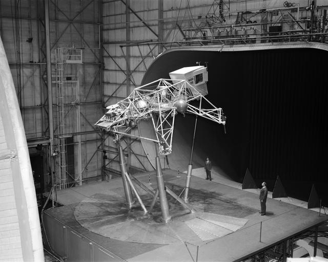 NASA image: Lunar Excursion Model in Full Scale Wind Tunnel.  Apollo Project. Bell Lunar Landing Training Vehicle (LLTV)