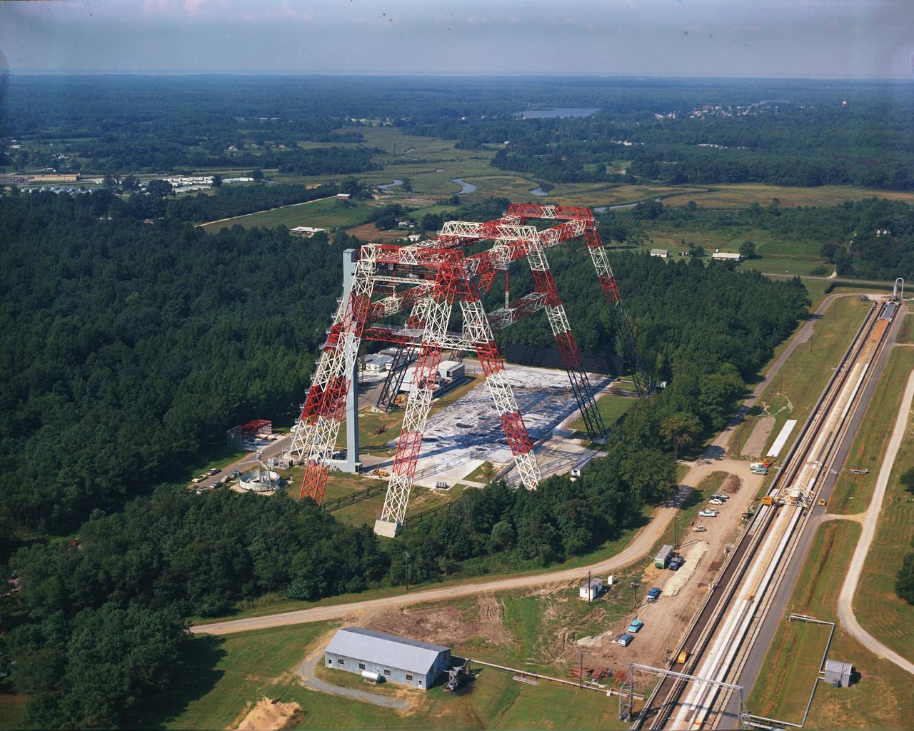 Aerial views of Gantry and  moonscape  pavement below. Building 1297 Impact Dynamic Research Facility 