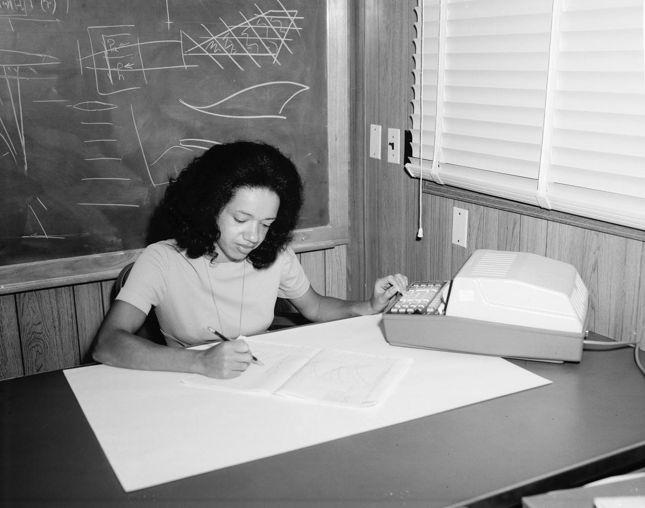 Christine Darden at desk in 1973 NASA Langley Research Center.