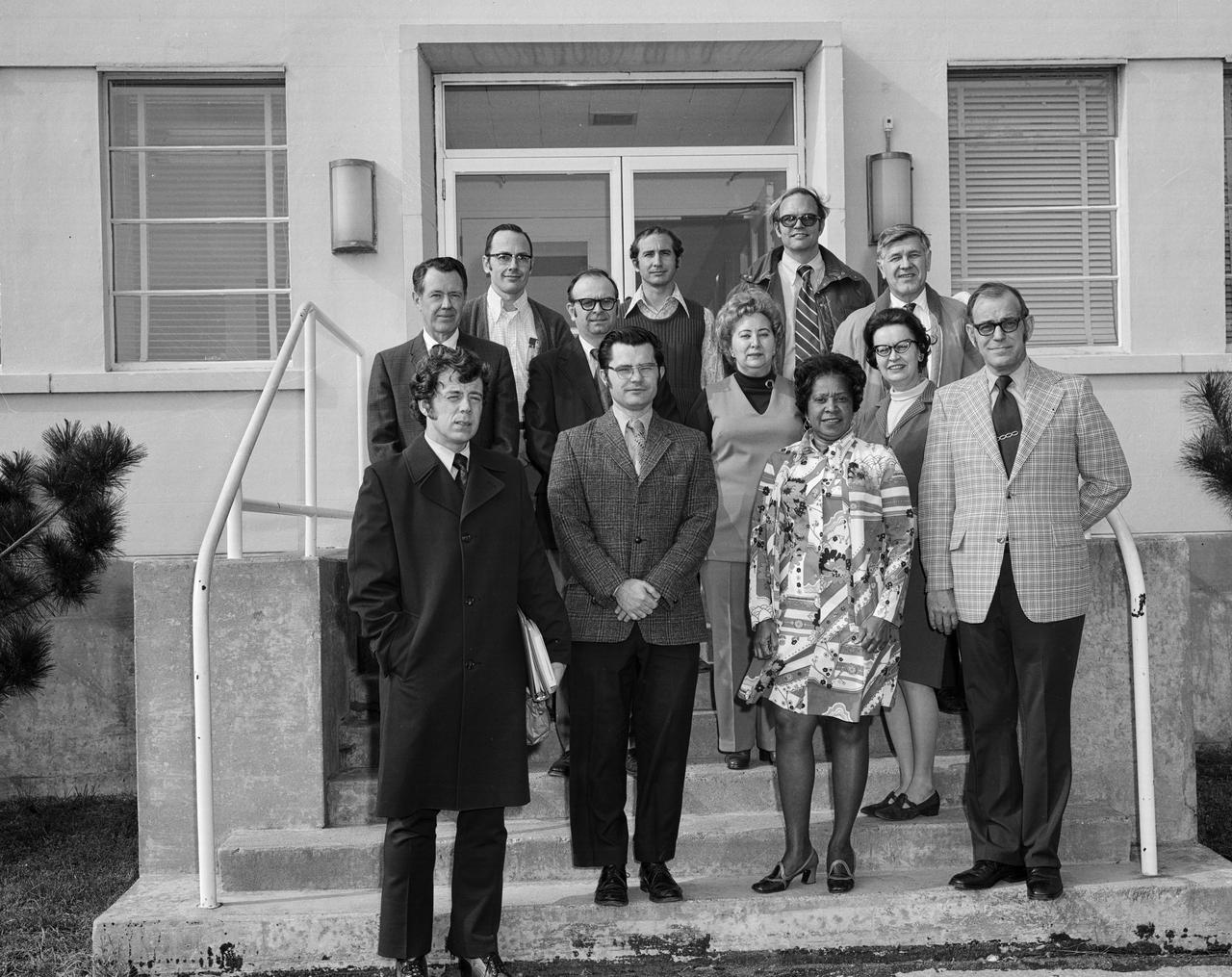 Photograph taken February 06, 1974.  High Speed Aircraft Division Personnel, Mary Jackson is one of the people in the front row of this group.  Mary Jackson belonged to the Theoretical Performance Group, High Speed Aircraft Division, Office of Director for Aeronautics at time of photo. First row: Steve Wornom, Dick Barnwell, Mary Jackson, and Bud Bobbitt; Second row: Bernie Klunker, Perry Newman, Branch secretary, Frances Keeter, and Ruby Davis, Branch mathematician; Third row: Dennis Allison, Jim Keller, Jerry South, and Cas Czarnecki.
