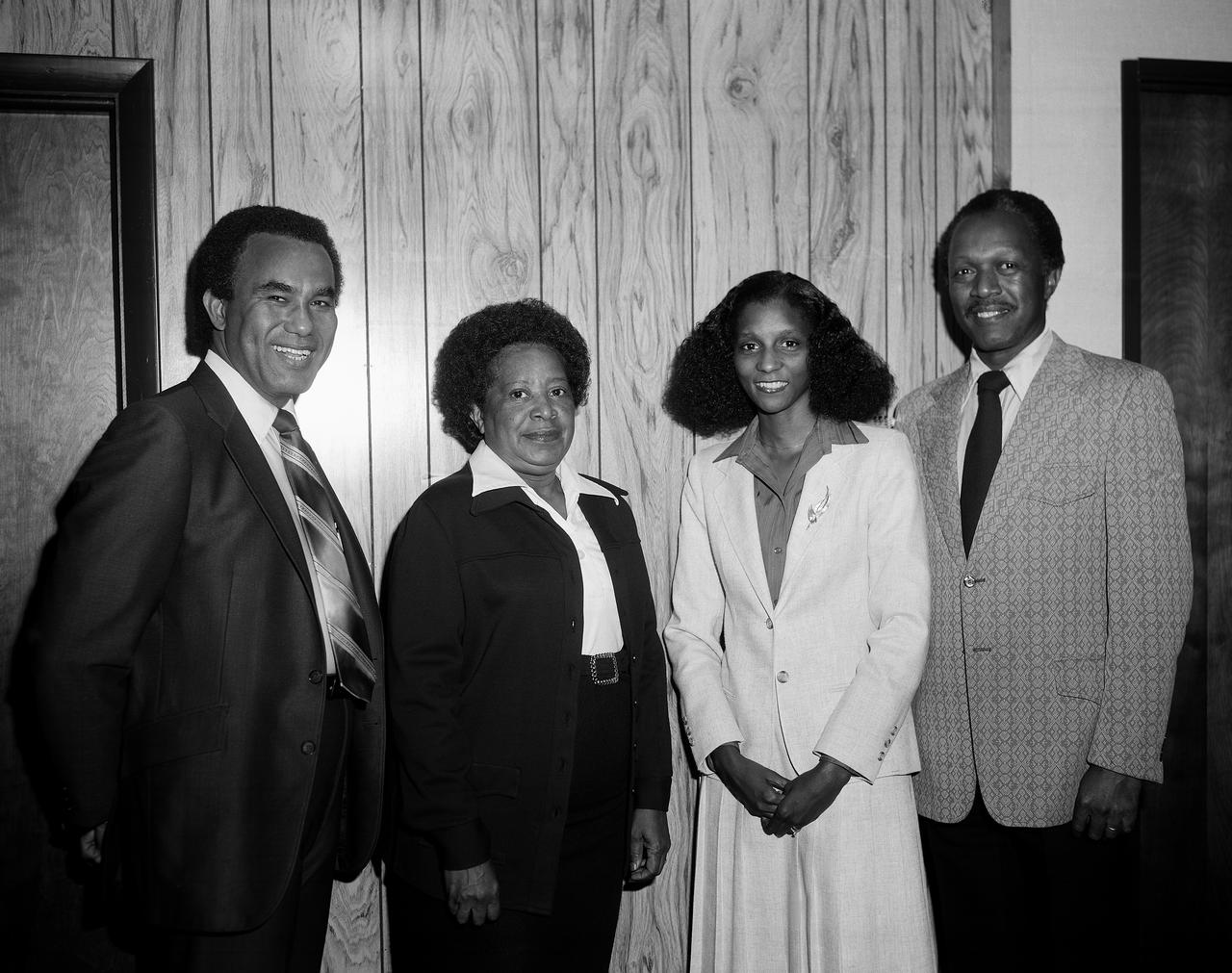 Samuel J. Scott, Administrative Operations Specialist, Acquisition Division; Mary W. Jackson, Federal Women's Program Manager, Office of Equal Opportunity Programs; Fabiola C. Martin, Contract Specialist, Acquisition Division; and Gilbert A. Haynes, Head of the Experimental Avionics Section, Flight Electronics Division, represented Langley recently at the annual National Football League Players' Association Youth Camp in Culpepper, Va. The camp offered four two-week sessions with approximately 60 youngsters attending each session. Serving as role models to minority youth from the Washington, D.C. area, the Langley employees each attended a session for one day discussing their careers and providing information on opportunities at Langley, as part of the community outreach effort of the Office of Equal Opportunity Programs. This was the first year that Langley participated in the camp's activities. Published in the Langley Researcher, August, 28, 1981 page 2.