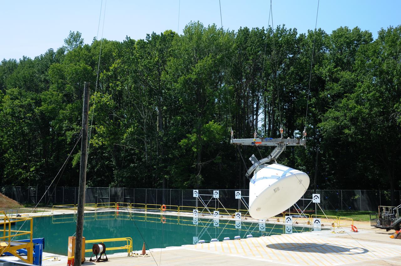 ORION Project-(SPLASH) Structural Passive Landing Attenuation for Survivability of Human Crew (BTA) Boiler Plate Test Article Water Impact Test-Pot Phase"0" Test  Tested at the Hydro Impact Basin at the Landing and Impact Research Facility (Gantry)