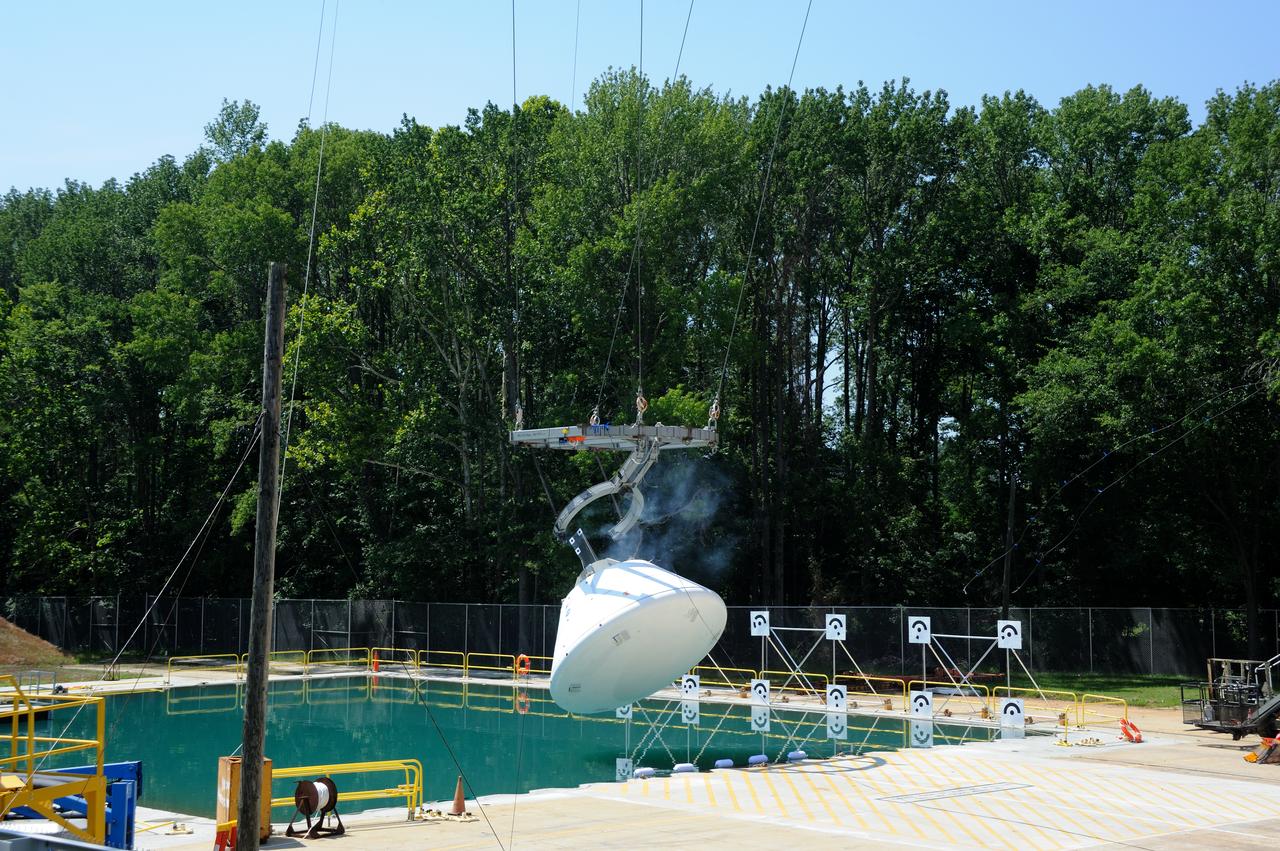 ORION Project-(SPLASH) Structural Passive Landing Attenuation for Survivability of Human Crew (BTA) Boiler Plate Test Article Water Impact Test-Pot Phase"0" Test  Tested at the Hydro Impact Basin at the Landing and Impact Research Facility (Gantry)