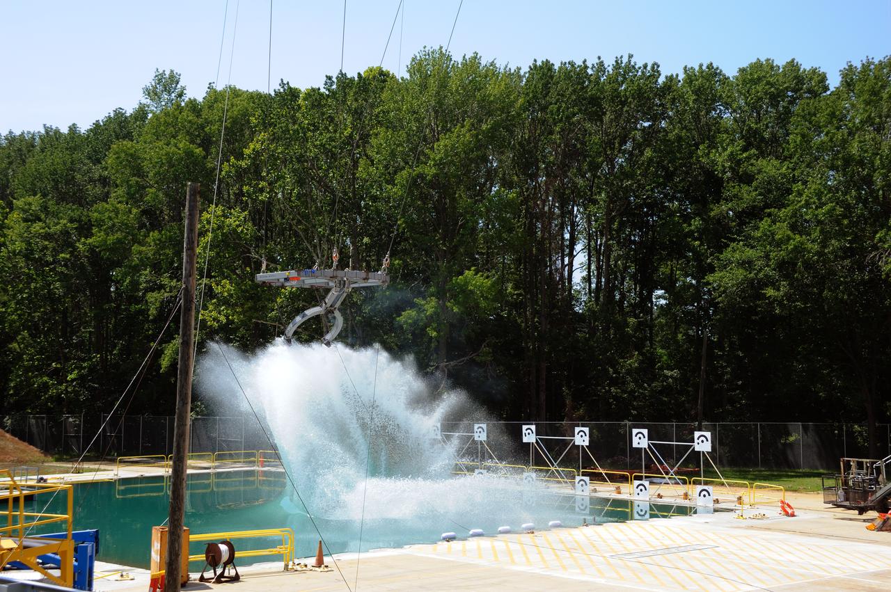 ORION Project-(SPLASH) Structural Passive Landing Attenuation for Survivability of Human Crew (BTA) Boiler Plate Test Article Water Impact Test-Pot Phase"0" Test  Tested at the Hydro Impact Basin at the Landing and Impact Research Facility (Gantry)