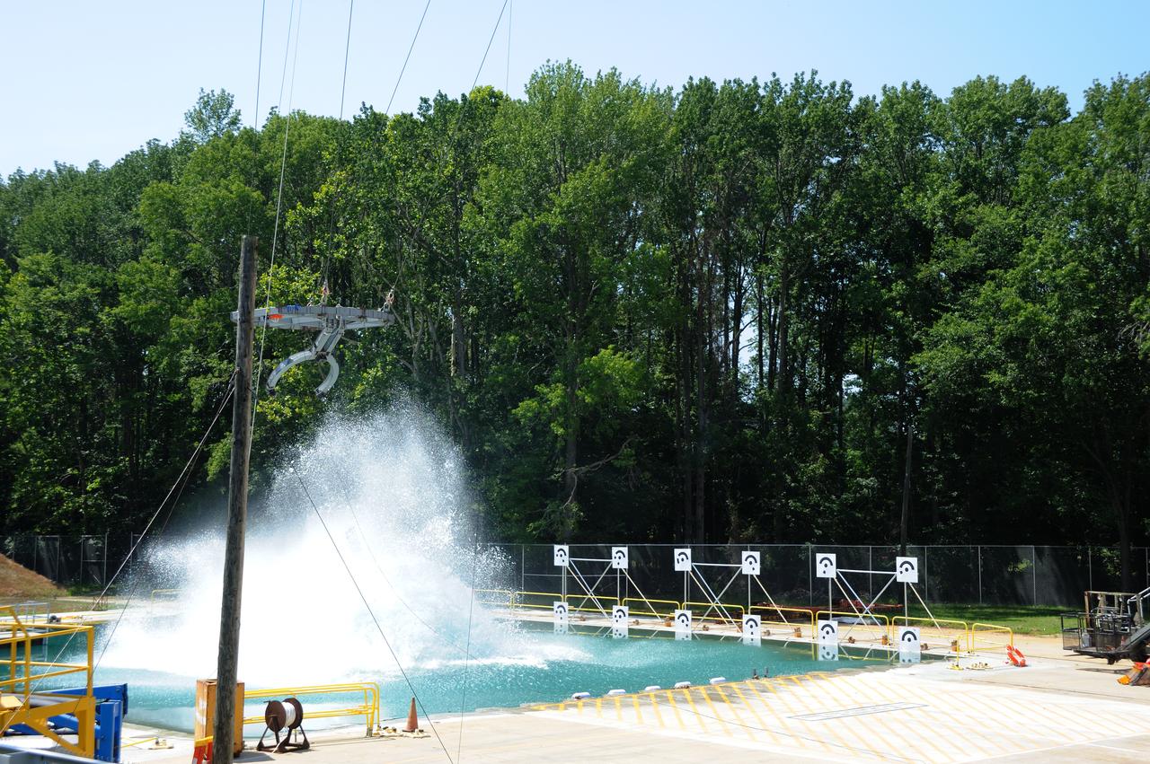 ORION Project-(SPLASH) Structural Passive Landing Attenuation for Survivability of Human Crew (BTA) Boiler Plate Test Article Water Impact Test-Pot Phase"0" Test  Tested at the Hydro Impact Basin at the Landing and Impact Research Facility (Gantry)