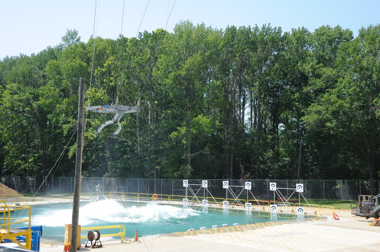 ORION Project-(SPLASH) Structural Passive Landing Attenuation for Survivability of Human Crew (BTA) Boiler Plate Test Article Water Impact Test-Pot Phase"0" Test  Tested at the Hydro Impact Basin at the Landing and Impact Research Facility (Gantry)