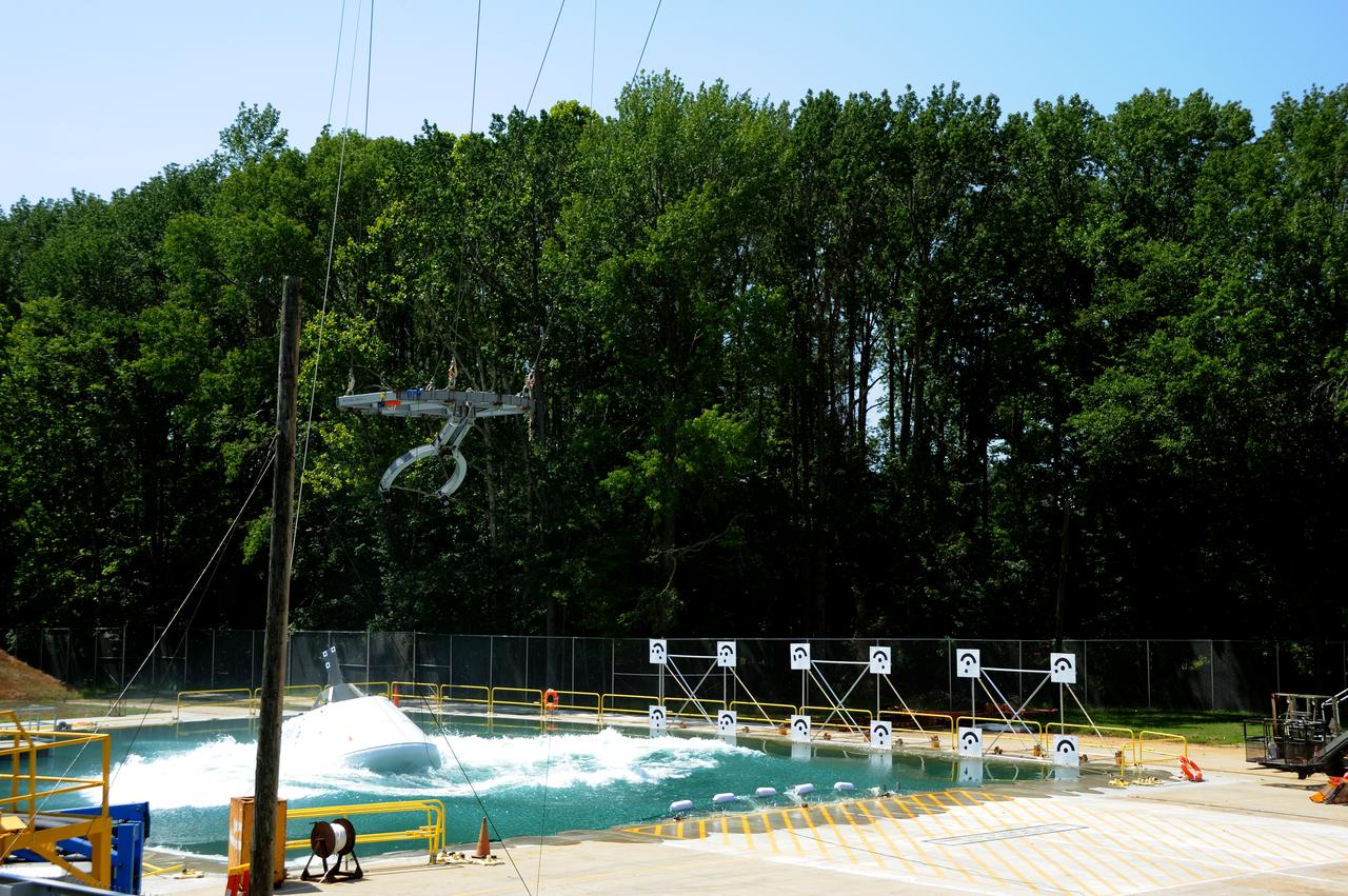ORION Project-(SPLASH) Structural Passive Landing Attenuation for Survivability of Human Crew (BTA) Boiler Plate Test Article Water Impact Test-Pot Phase"0" Test  Tested at the Hydro Impact Basin at the Landing and Impact Research Facility (Gantry)