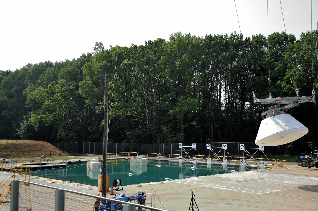 ORION Project-(SPLASH) Structural Passive Landing Attenuation for Survivability of Human Crew (BTA) Boiler Plate Test Article Water Impact Test-Pot Phase"0" Test POT#2  Tested at the Hydro Impact Basin at the Landing and Impact Research Facility (Gantry)