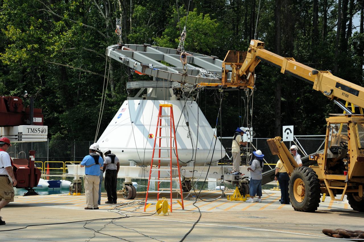 ORION Project-(SPLASH) Structural Passive Landing Attenuation for Survivability of Human Crew (BTA) Boiler Plate Test Article Water Impact Test-Pot Phase"0" Test POT#2  Tested at the Hydro Impact Basin at the Landing and Impact Research Facility (Gantry)