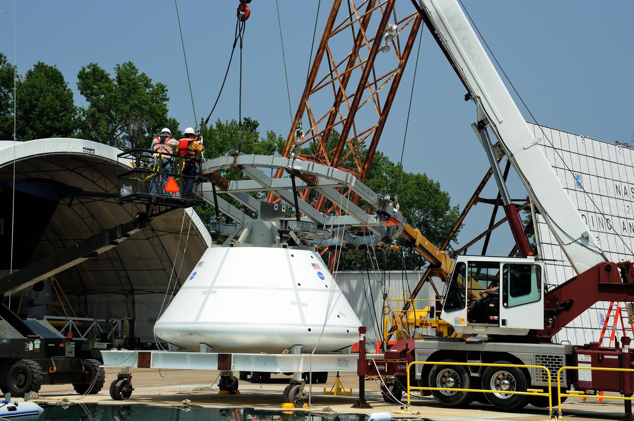 ORION Project-(SPLASH) Structural Passive Landing Attenuation for Survivability of Human Crew (BTA) Boiler Plate Test Article Water Impact Test-Pot Phase"0" Test POT#2  Tested at the Hydro Impact Basin at the Landing and Impact Research Facility (Gantry)