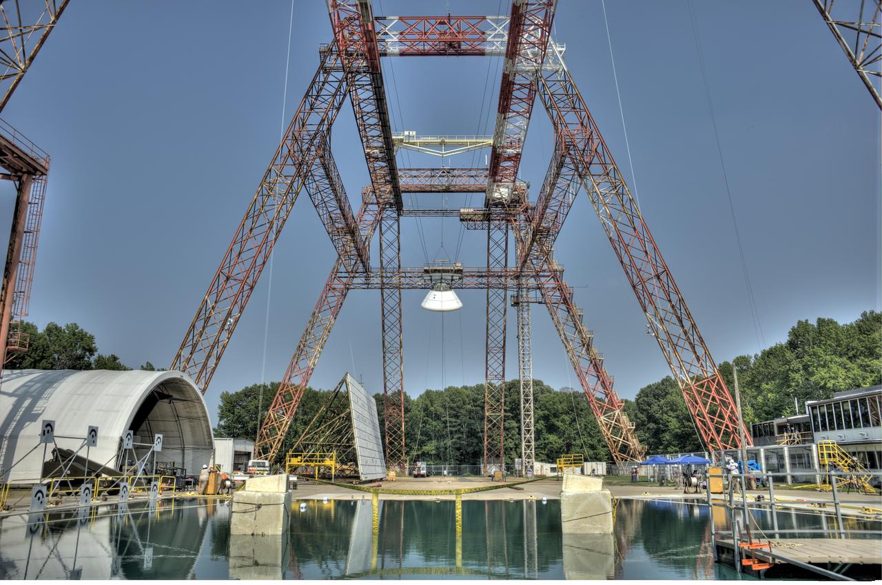 ORION Project-(SPLASH) Structural Passive Landing Attenuation for Survivability of Human Crew (BTA) Boiler Plate Test Article Water Impact Test-Pot Phase"0" Test POT#2  Tested at the Hydro Impact Basin at the Landing and Impact Research Facility (Gantry)