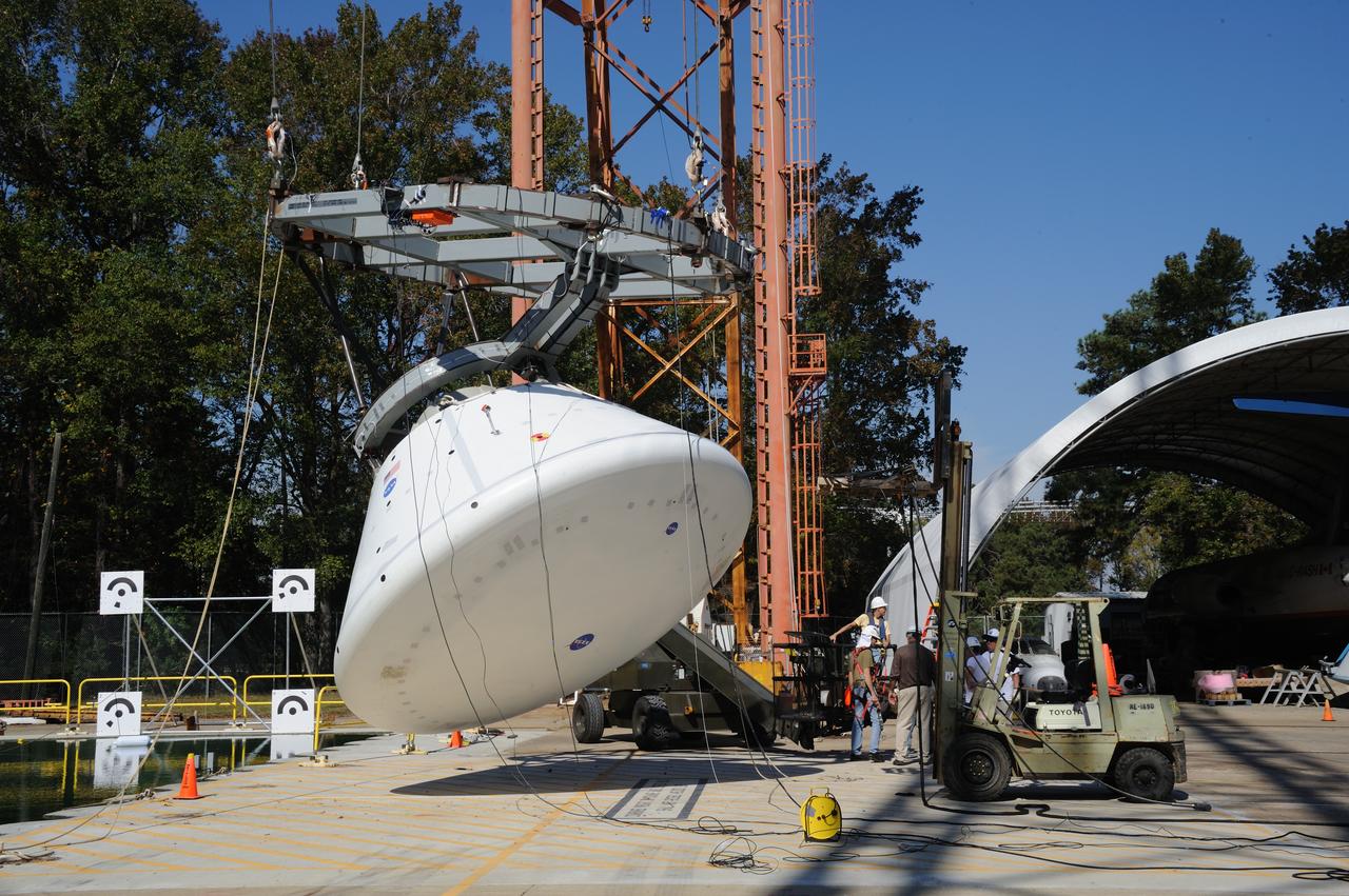 ORION Project-(SPLASH) Structural Passive Landing Attenuation for Survivability of Human Crew (BTA) Boiler Plate Test Article Water Impact Test-Pot Phase"0" Test  Tested at the Hydro Impact Basin at the Landing and Impact Research Facility (Gantry)