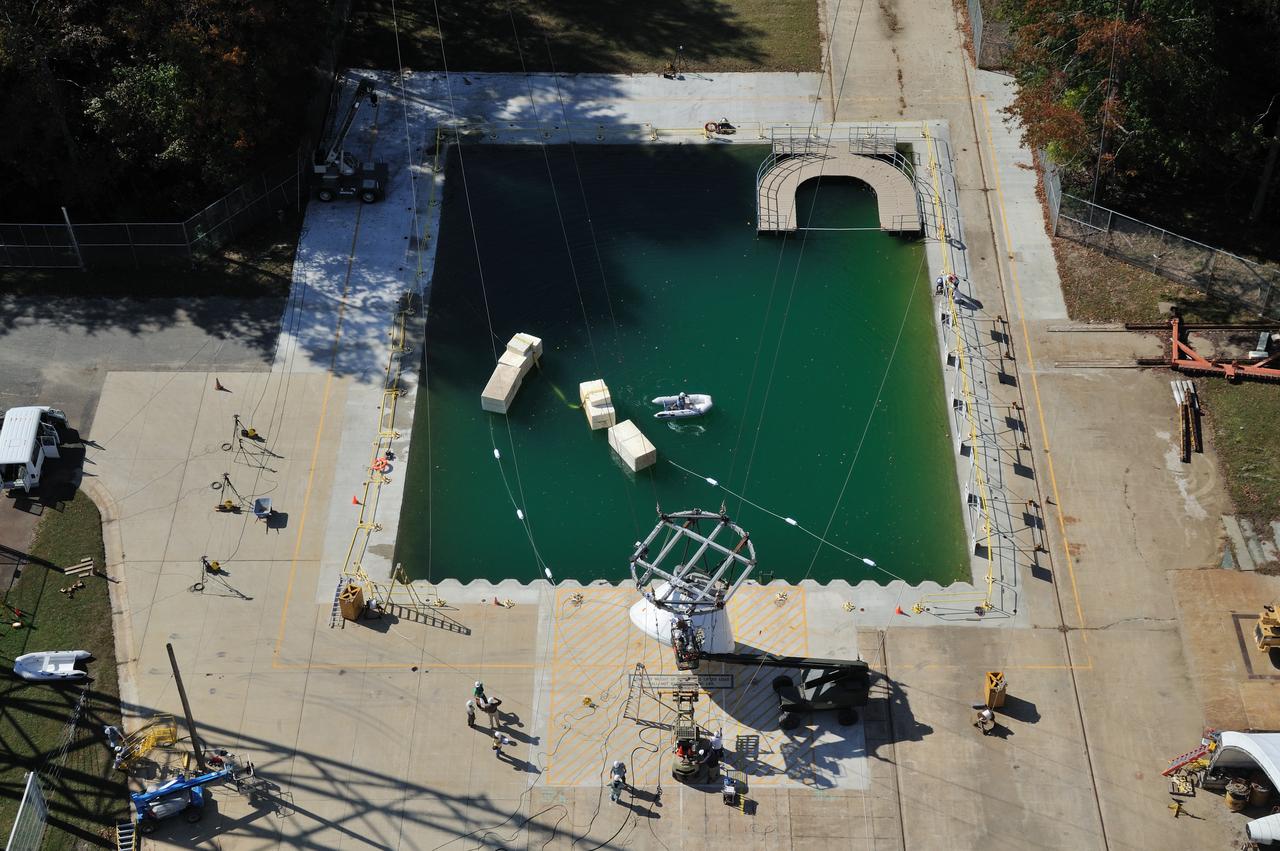 ORION Project-(SPLASH) Structural Passive Landing Attenuation for Survivability of Human Crew (BTA) Boiler Plate Test Article Water Impact Test-Pot Phase"0" Test  Tested at the Hydro Impact Basin at the Landing and Impact Research Facility (Gantry)