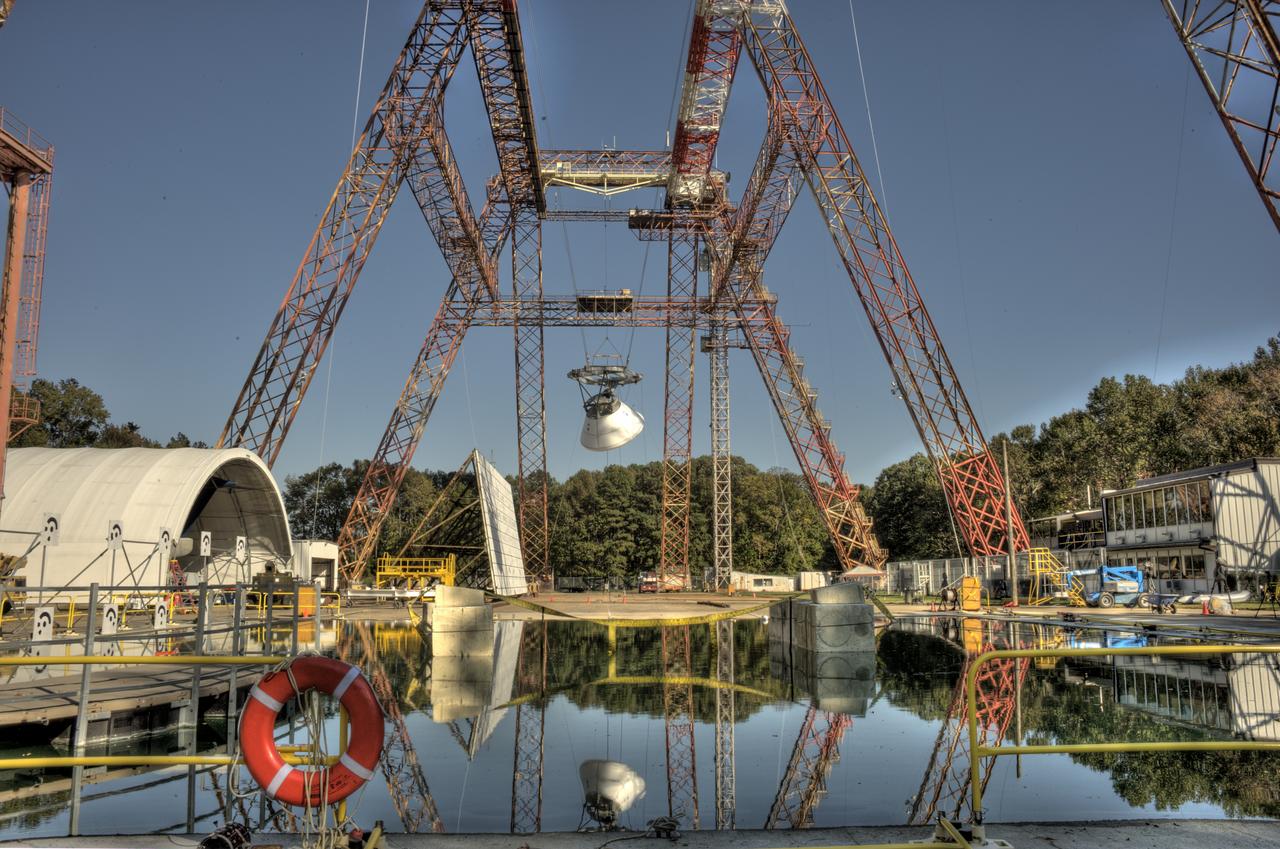 ORION Project-(SPLASH) Structural Passive Landing Attenuation for Survivability of Human Crew (BTA) Boiler Plate Test Article Water Impact Test-Pot Phase"0" Test  Tested at the Hydro Impact Basin at the Landing and Impact Research Facility (Gantry)