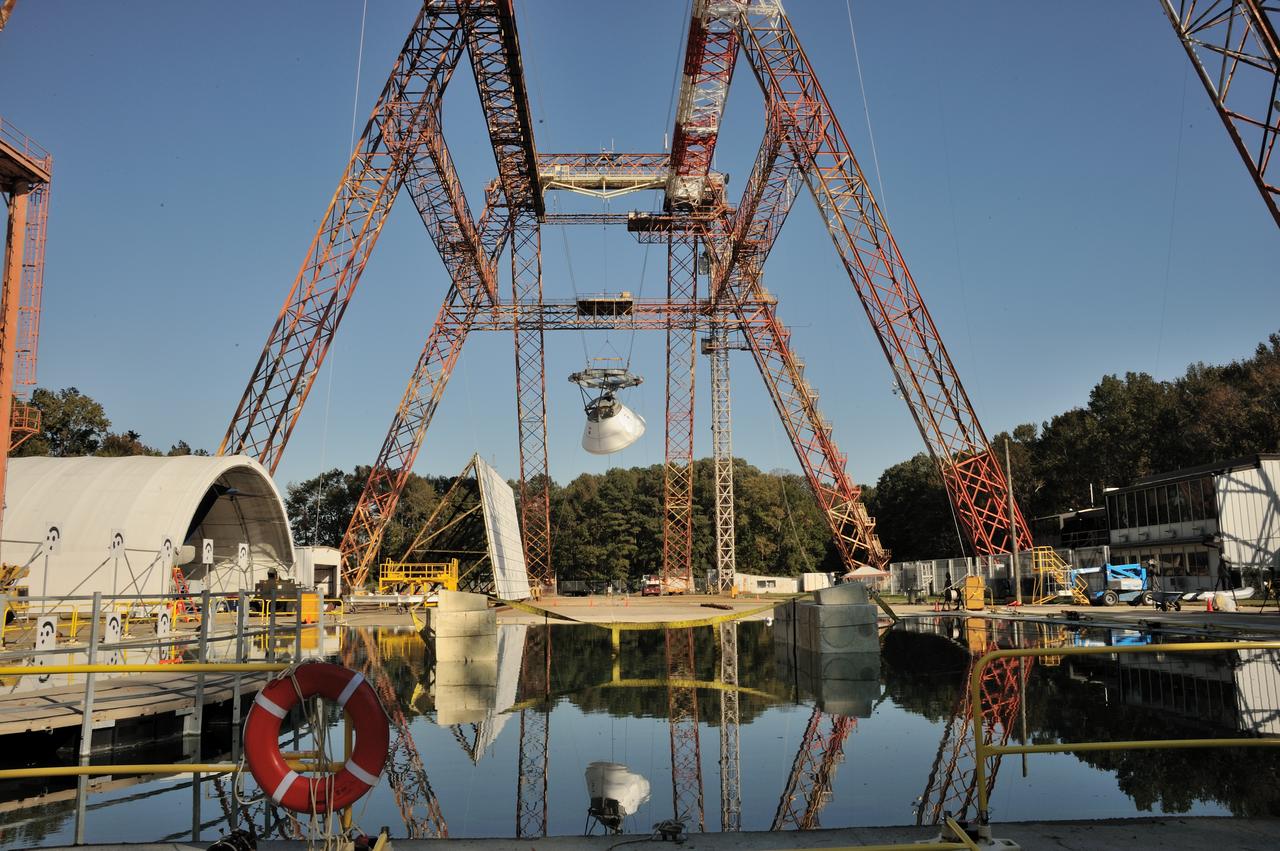 ORION Project-(SPLASH) Structural Passive Landing Attenuation for Survivability of Human Crew (BTA) Boiler Plate Test Article Water Impact Test-Pot Phase"0" Test  Tested at the Hydro Impact Basin at the Landing and Impact Research Facility (Gantry)