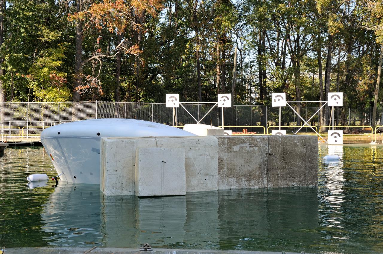 ORION Project-(SPLASH) Structural Passive Landing Attenuation for Survivability of Human Crew (BTA) Boiler Plate Test Article Water Impact Test-Pot Phase"0" Test  Tested at the Hydro Impact Basin at the Landing and Impact Research Facility (Gantry)