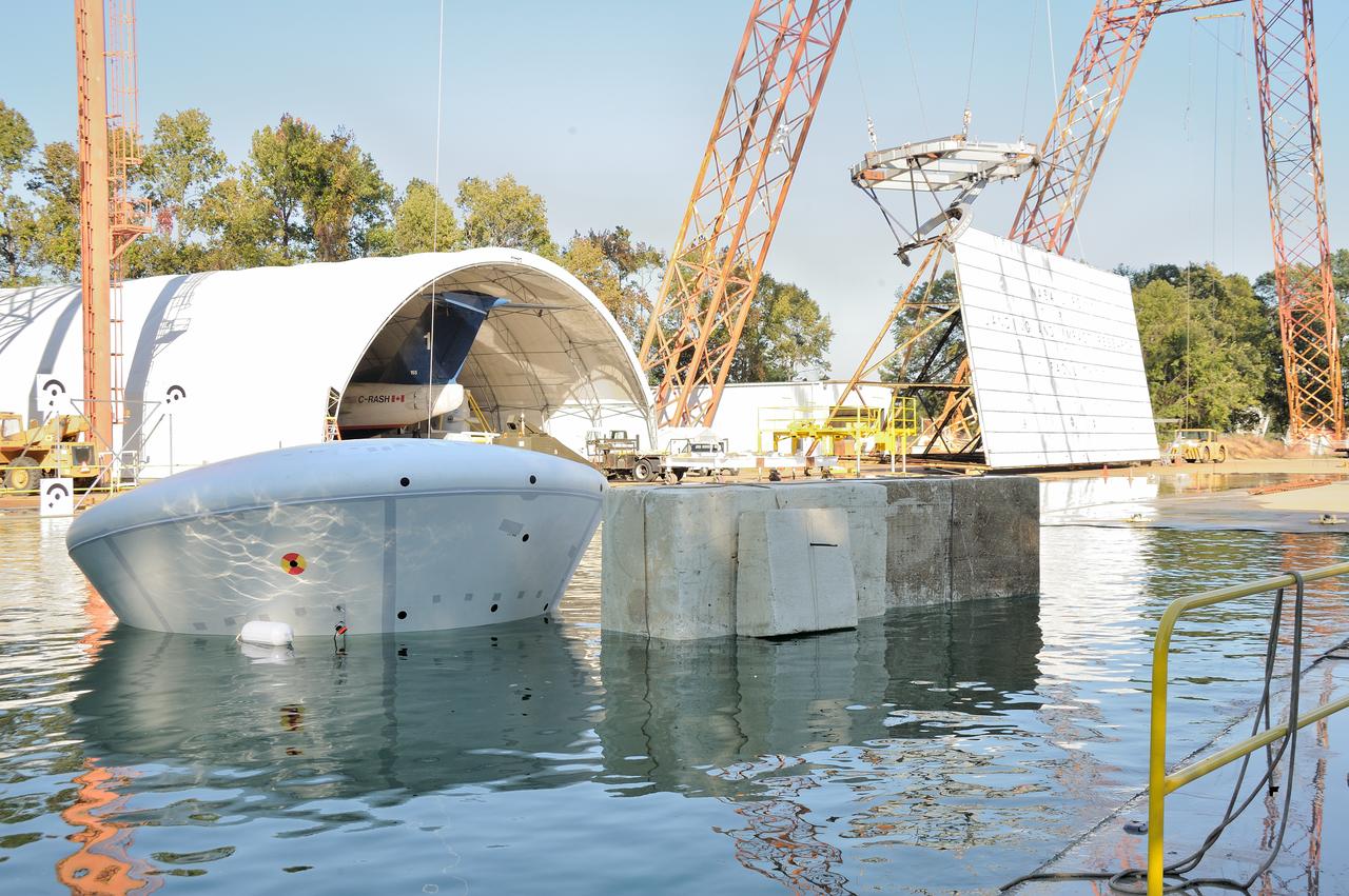 ORION Project-(SPLASH) Structural Passive Landing Attenuation for Survivability of Human Crew (BTA) Boiler Plate Test Article Water Impact Test-Pot Phase"0" Test  Tested at the Hydro Impact Basin at the Landing and Impact Research Facility (Gantry)