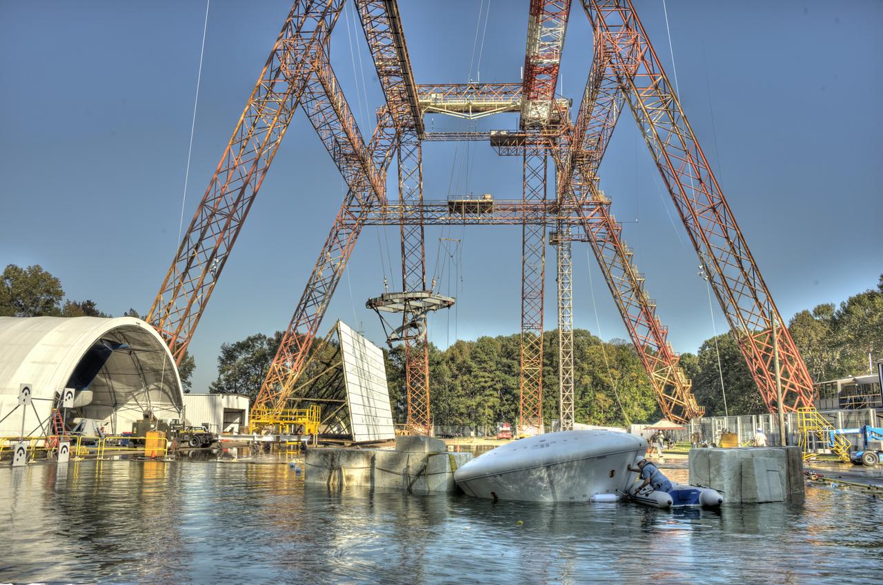 ORION Project-(SPLASH) Structural Passive Landing Attenuation for Survivability of Human Crew (BTA) Boiler Plate Test Article Water Impact Test-Pot Phase"0" Test  Tested at the Hydro Impact Basin at the Landing and Impact Research Facility (Gantry)