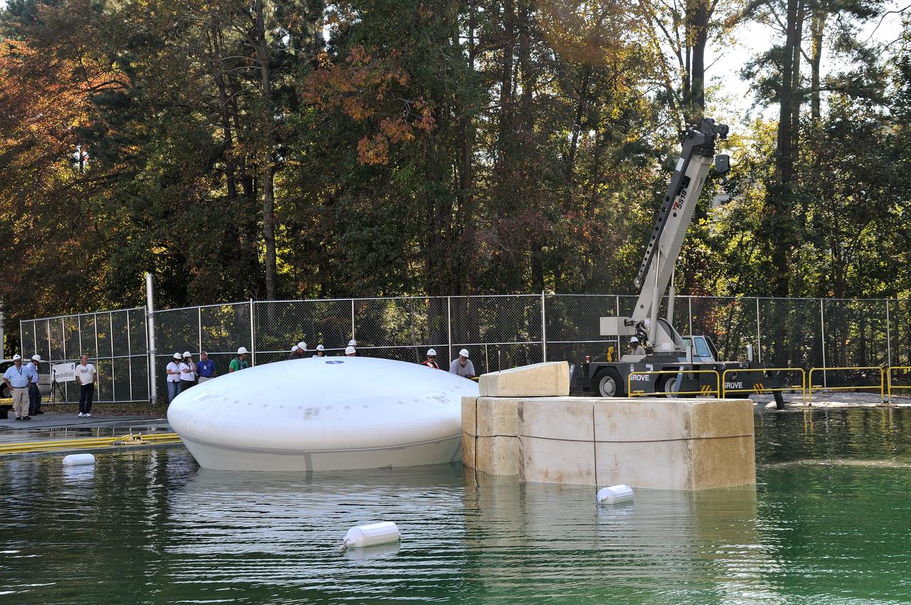 ORION Project-(SPLASH) Structural Passive Landing Attenuation for Survivability of Human Crew (BTA) Boiler Plate Test Article Water Impact Test-Pot Phase"0" Test  Tested at the Hydro Impact Basin at the Landing and Impact Research Facility (Gantry)