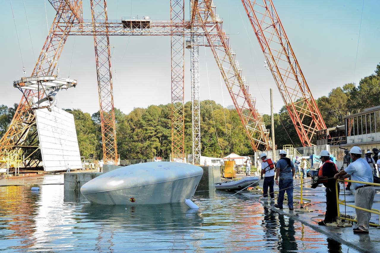 ORION Project-(SPLASH) Structural Passive Landing Attenuation for Survivability of Human Crew (BTA) Boiler Plate Test Article Water Impact Test-Pot Phase"0" Test  Tested at the Hydro Impact Basin at the Landing and Impact Research Facility (Gantry)