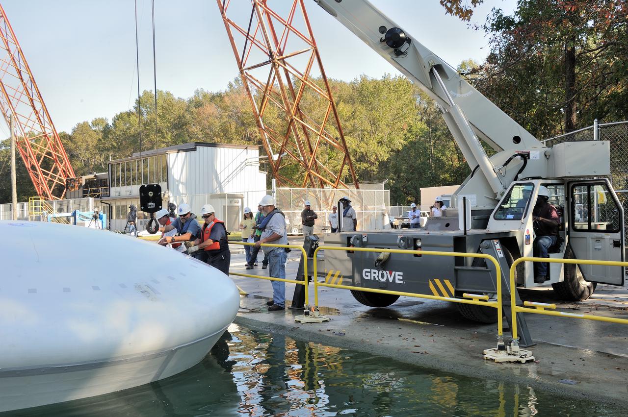 ORION Project-(SPLASH) Structural Passive Landing Attenuation for Survivability of Human Crew (BTA) Boiler Plate Test Article Water Impact Test-Pot Phase"0" Test  Tested at the Hydro Impact Basin at the Landing and Impact Research Facility (Gantry)