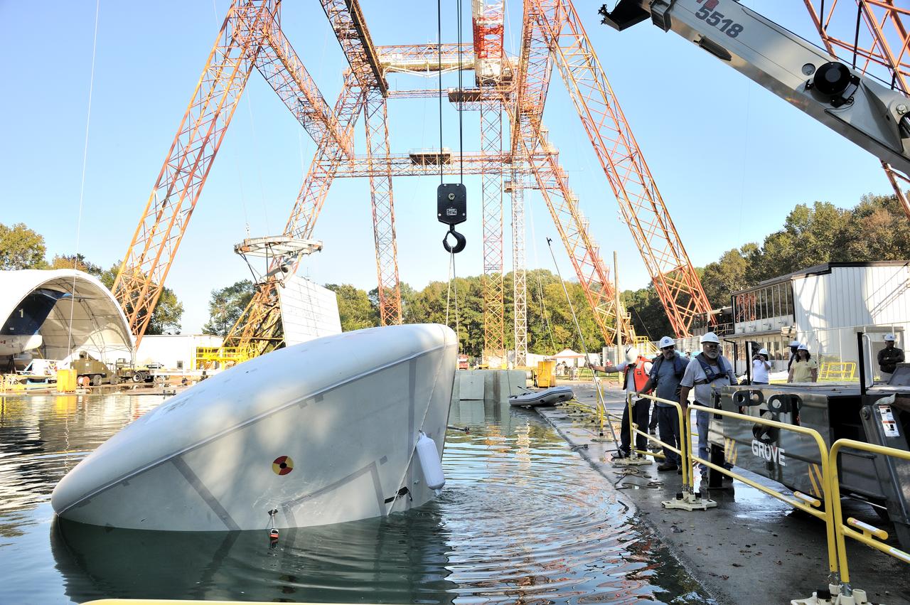 ORION Project-(SPLASH) Structural Passive Landing Attenuation for Survivability of Human Crew (BTA) Boiler Plate Test Article Water Impact Test-Pot Phase"0" Test  Tested at the Hydro Impact Basin at the Landing and Impact Research Facility (Gantry)