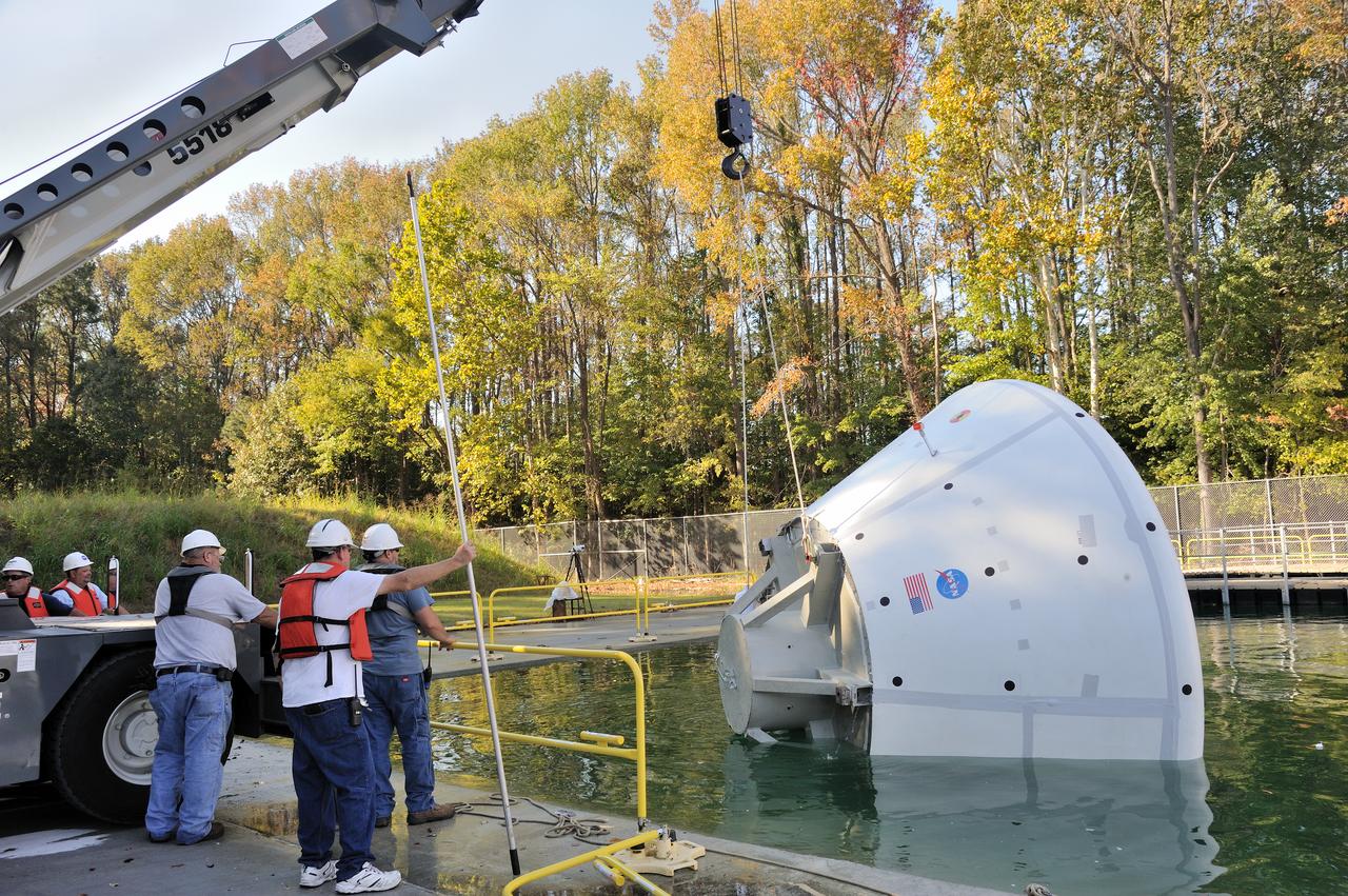 ORION Project-(SPLASH) Structural Passive Landing Attenuation for Survivability of Human Crew (BTA) Boiler Plate Test Article Water Impact Test-Pot Phase"0" Test  Tested at the Hydro Impact Basin at the Landing and Impact Research Facility (Gantry)