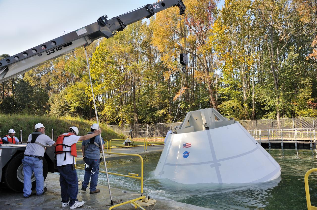 ORION Project-(SPLASH) Structural Passive Landing Attenuation for Survivability of Human Crew (BTA) Boiler Plate Test Article Water Impact Test-Pot Phase"0" Test  Tested at the Hydro Impact Basin at the Landing and Impact Research Facility (Gantry)