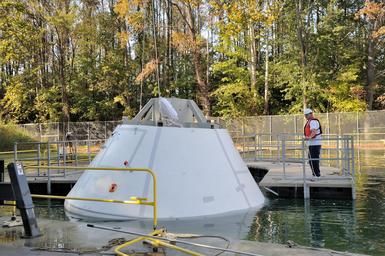 ORION Project-(SPLASH) Structural Passive Landing Attenuation for Survivability of Human Crew (BTA) Boiler Plate Test Article Water Impact Test-Pot Phase"0" Test  Tested at the Hydro Impact Basin at the Landing and Impact Research Facility (Gantry)