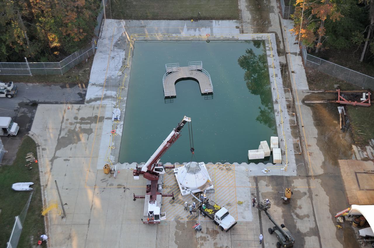 ORION Project-(SPLASH) Structural Passive Landing Attenuation for Survivability of Human Crew (BTA) Boiler Plate Test Article Water Impact Test-Pot Phase"0" Test  Tested at the Hydro Impact Basin at the Landing and Impact Research Facility (Gantry)