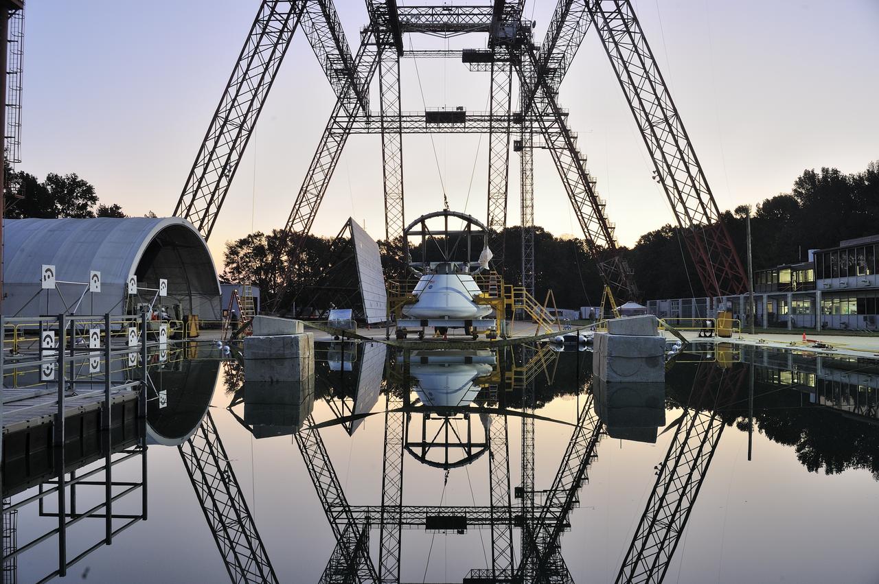 ORION Project-(SPLASH) Structural Passive Landing Attenuation for Survivability of Human Crew (BTA) Boiler Plate Test Article Water Impact Test-Pot Phase"0" Test  Tested at the Hydro Impact Basin at the Landing and Impact Research Facility (Gantry)
