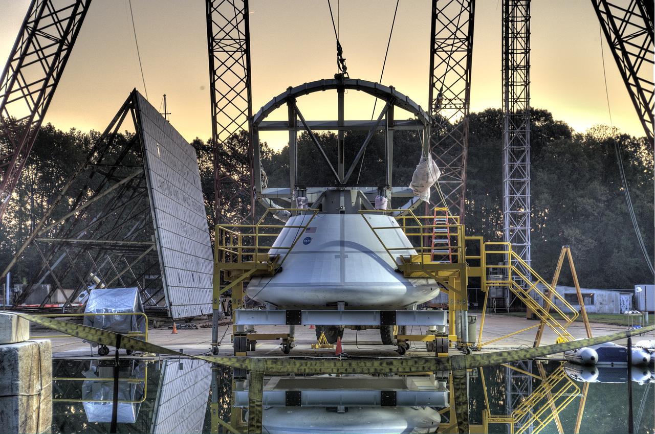 ORION Project-(SPLASH) Structural Passive Landing Attenuation for Survivability of Human Crew (BTA) Boiler Plate Test Article Water Impact Test-Pot Phase"0" Test  Tested at the Hydro Impact Basin at the Landing and Impact Research Facility (Gantry)