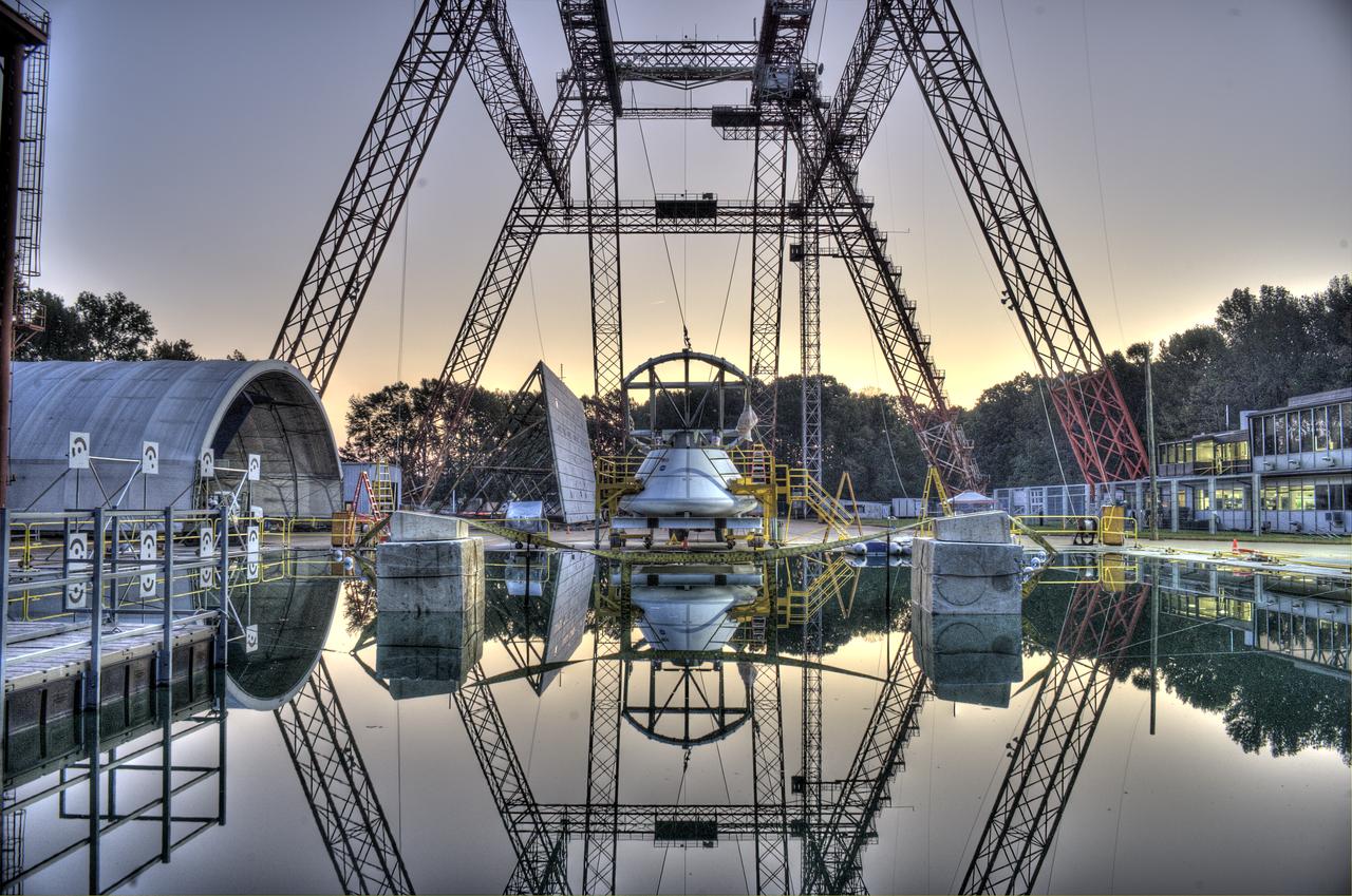 ORION Project-(SPLASH) Structural Passive Landing Attenuation for Survivability of Human Crew (BTA) Boiler Plate Test Article Water Impact Test-Pot Phase"0" Test  Tested at the Hydro Impact Basin at the Landing and Impact Research Facility (Gantry)
