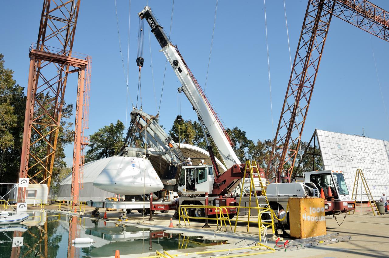 ORION Project-(SPLASH) Structural Passive Landing Attenuation for Survivability of Human Crew (BTA) Boiler Plate Test Article Water Impact Test-Pot Phase"0" Test  Tested at the Hydro Impact Basin at the Landing and Impact Research Facility (Gantry)